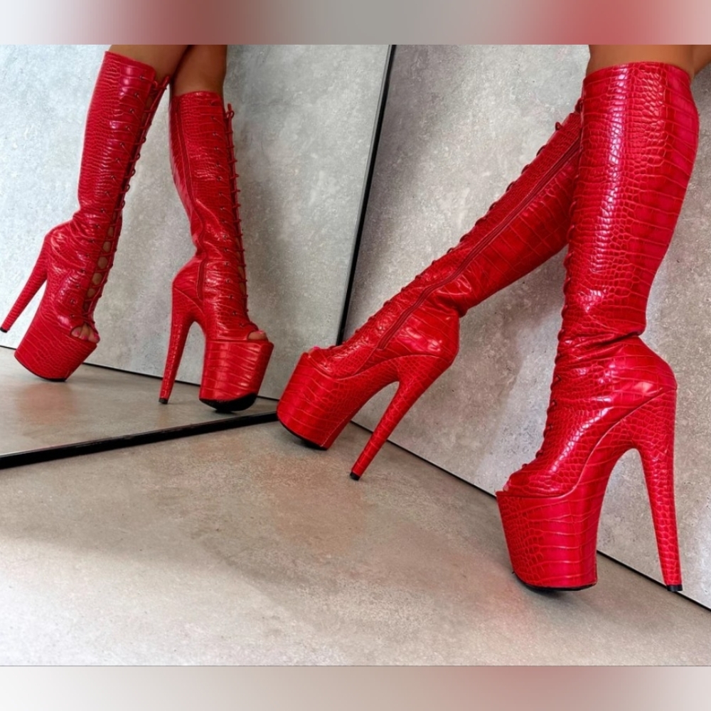 SOLD NIB Hella Heels Out For Blood Open Toe Knee Boot